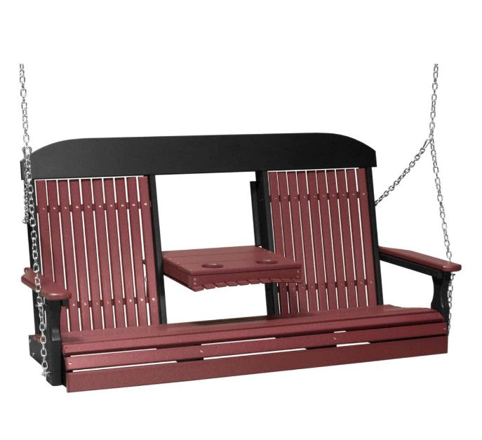 A two-person porch swing bench with a reddish-brown slatted seat, backrests, and armrests, supported by a black frame and hanging from silver chains against a white background.