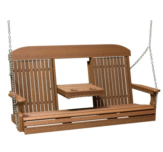 A 5' classic porch swing in antique mahogany on a white background.  