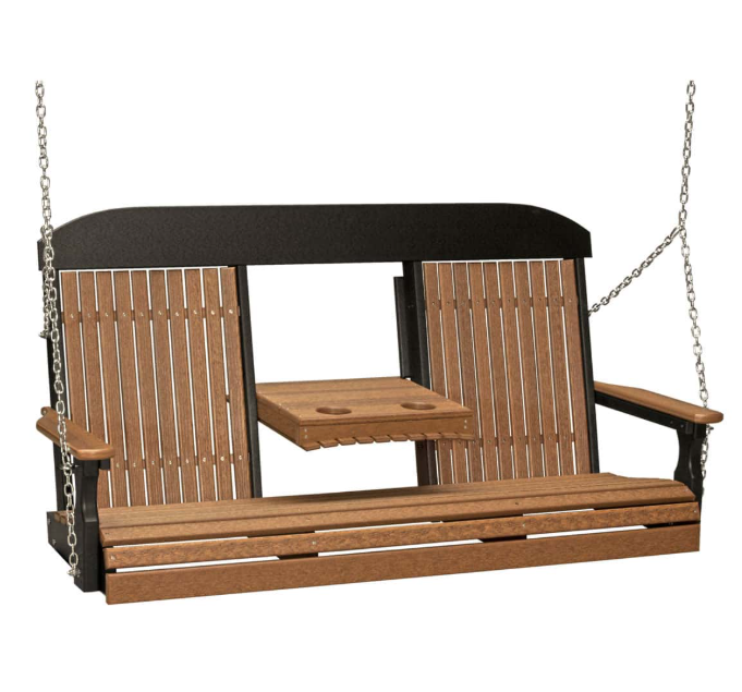 A two-person hanging porch swing bench with a brown slatted seat, matching armrests, and backrests, plus a small matching wooden table in the center. The frame and hanging chains are black with silver metal chains, shown on a plain white background.