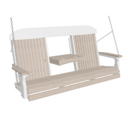 A two-person porch swing bench with a white frame and light beige wooden slats, featuring a small attached side table and hanging chains on a white background.