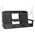 A black outdoor porch swing bench with a central table attachment, shown against a plain white background.