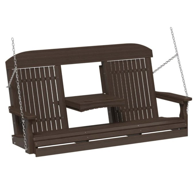 A dark brown wooden porch swing bench with a slatted back and seat, featuring a small central table and silver hanging chains on a white background.