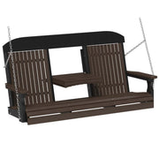 A two-person porch swing bench with a dark brown slatted seat, backrests, and armrests, suspended by silver metal chains against a plain white background.