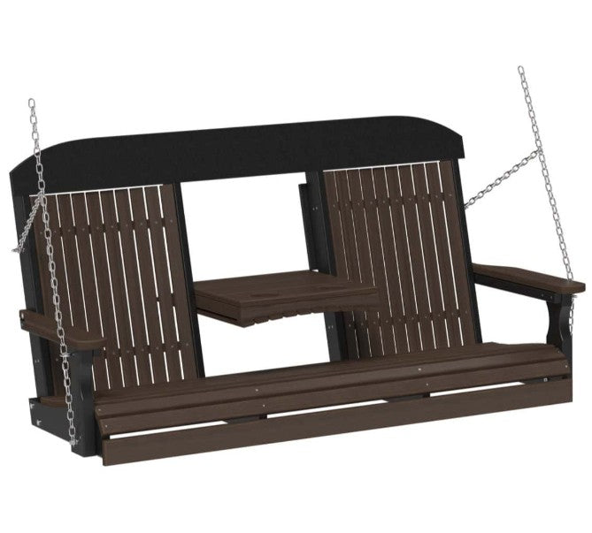 A two-person porch swing bench with a dark brown slatted seat, backrests, and armrests, suspended by silver metal chains against a plain white background.