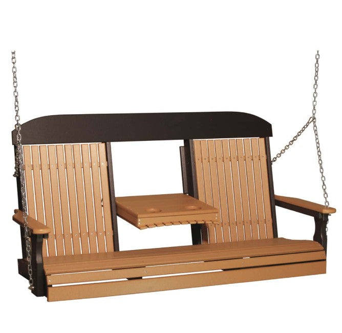 A two-person wooden porch swing bench with a small attached side table, featuring light brown wood slats, a dark brown frame, and hanging from silver metal chains against a white background.