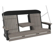 A two-person porch swing bench with a gray slatted seat, backrests, and armrests, supported by a black frame and suspended by silver chains against a white background.