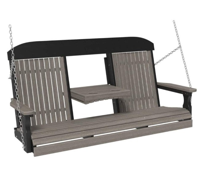 A two-person porch swing bench with a gray slatted seat, backrests, and armrests, supported by a black frame and suspended by silver chains against a white background.