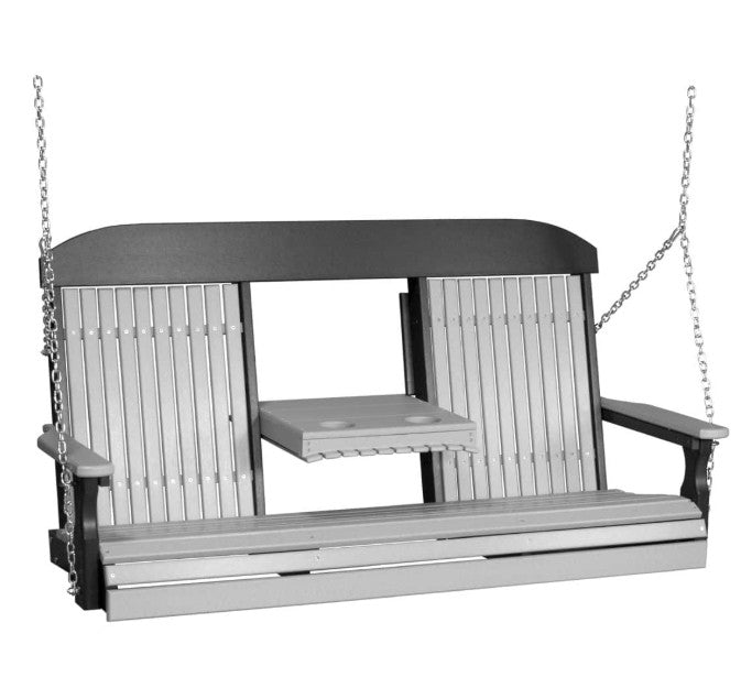 A 5' classic porch swing in dove gray and black hanging by chains on a white background.  