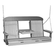 Gray outdoor porch swing bench with a slatted back and seat, chain suspension, and a small floating side table, shown on a plain white background.