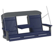 A two-person porch swing bench with a dark gray frame and canopy, navy blue seat and backrest slats, and silver hanging chains, shown on a plain white background.