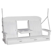 A white outdoor porch swing bench with a slatted back and seat, armrests, a small center table, and silver hanging chains on a plain white background.