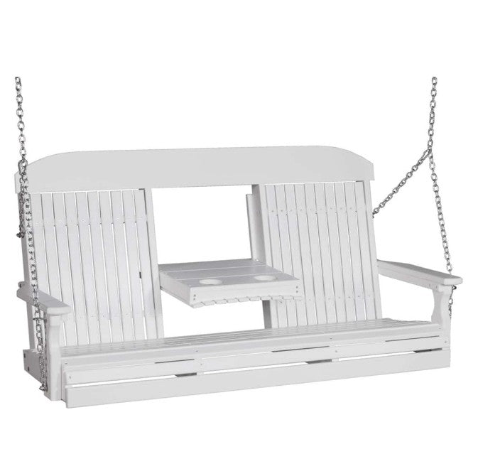 A white outdoor porch swing bench with a slatted back and seat, armrests, a small center table, and silver hanging chains on a plain white background.