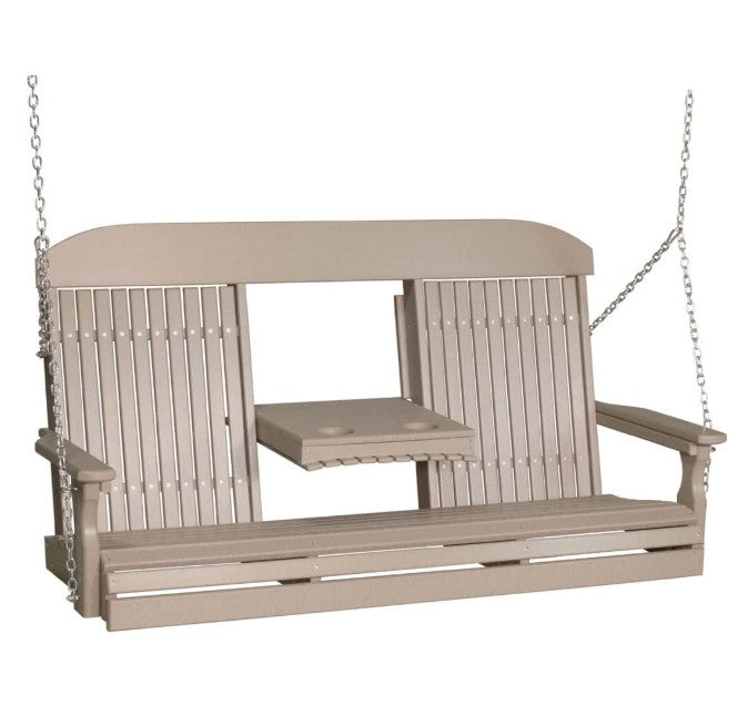 A two-person porch swing bench with a slatted backrest, armrests, a central table, and silver hanging chains, shown on a plain white background.