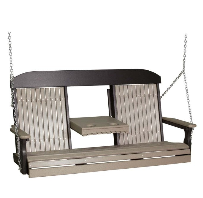 A two-person outdoor porch swing bench with a small attached side table, featuring a dark brown frame and light beige slatted panels, suspended by metal chains.