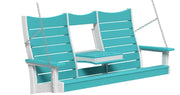 Aruba blue and white 3 person porch swing suspended by stainless steel chains on a white background.  