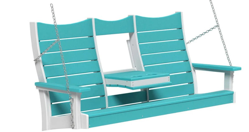 Aruba blue and white 3 person porch swing suspended by stainless steel chains on a white background.  