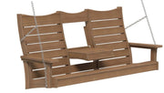 A two-person porch swing bench with a slatted backrest, armrests, and a small center table, suspended by metal chains against a plain white background.