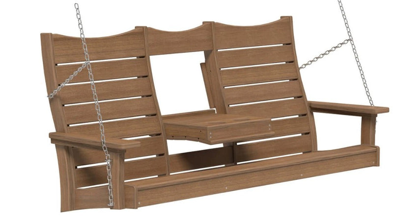 A two-person porch swing bench with a slatted backrest, armrests, and a small center table, suspended by metal chains against a plain white background.