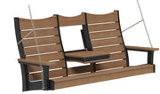 A two-person porch swing bench with brown wood-look slats and black frame, suspended by silver chains against a white background.