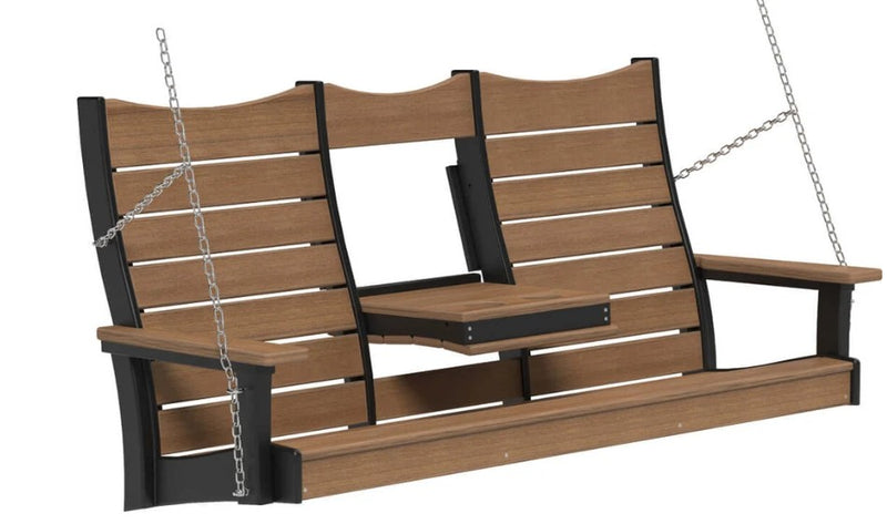A two-person porch swing bench with brown wood-look slats and black frame, suspended by silver chains against a white background.