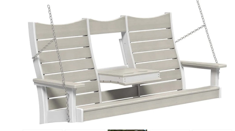 A two-seat porch swing bench shown hanging from metal chains against a plain white background.