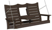 A dark brown three-seat porch swing bench with a slatted backrest, armrests, and a central footrest, suspended by silver metal chains against a plain white background.