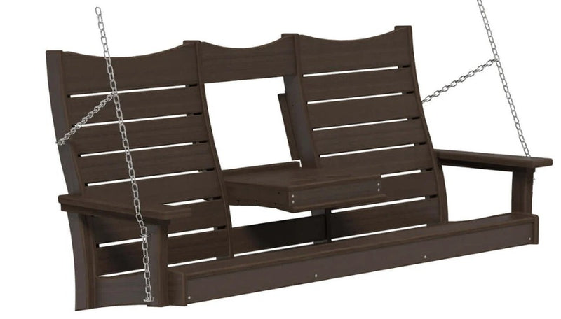 A dark brown three-seat porch swing bench with a slatted backrest, armrests, and a central footrest, suspended by silver metal chains against a plain white background.