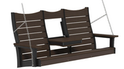 Black and brown porch swing hanging from steel chains on a white background.  