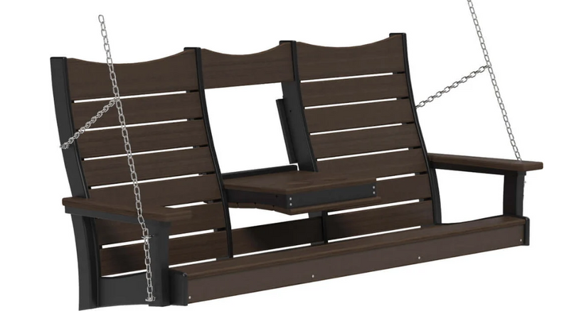 Black and brown porch swing hanging from steel chains on a white background.  