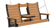 A three-seat hanging porch swing bench with a tan slatted seat and backrest, black frame supports, and silver hanging chains, shown on a plain white background.