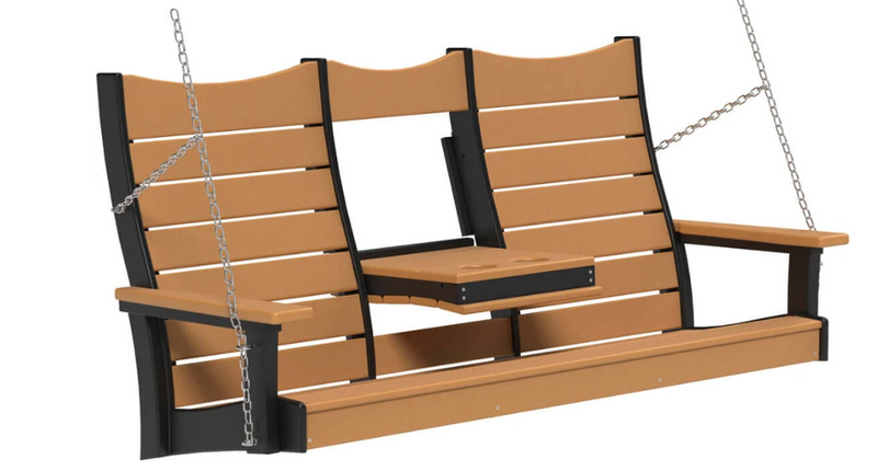 A three-seat hanging porch swing bench with a tan slatted seat and backrest, black frame supports, and silver hanging chains, shown on a plain white background.