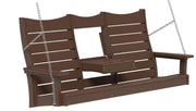 A brown slatted porch swing bench with a small table in the center and silver hanging chains, shown on a plain white background.