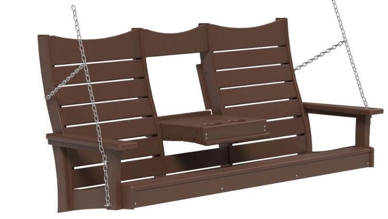 A brown slatted porch swing bench with a small table in the center and silver hanging chains, shown on a plain white background.