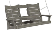 Gray porch swing hanging from metal chains on a white background.  