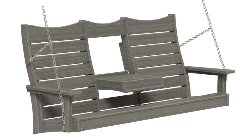 Gray porch swing hanging from metal chains on a white background.  