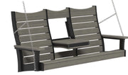 A three-seat porch swing bench with gray composite wood-look slats and black frame, suspended by silver chains against a white background.