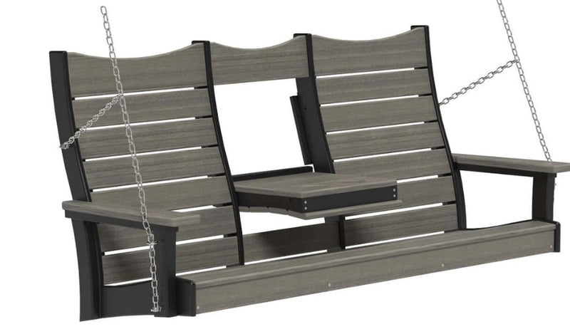A three-seat porch swing bench with gray composite wood-look slats and black frame, suspended by silver chains against a white background.