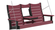 A two-person hanging porch swing bench with a deep burgundy red slatted seat, armrests, and backrests, supported by a black frame with silver hanging chains, shown against a plain white background.