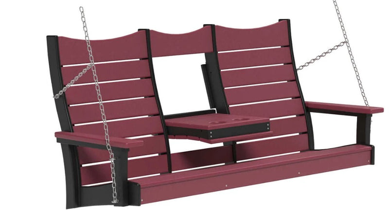 A two-person hanging porch swing bench with a deep burgundy red slatted seat, armrests, and backrests, supported by a black frame with silver hanging chains, shown against a plain white background.