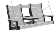 A two-person porch swing bench with a small center table, featuring light gray slatted panels and a black frame with hanging chains, shown on a plain white background.