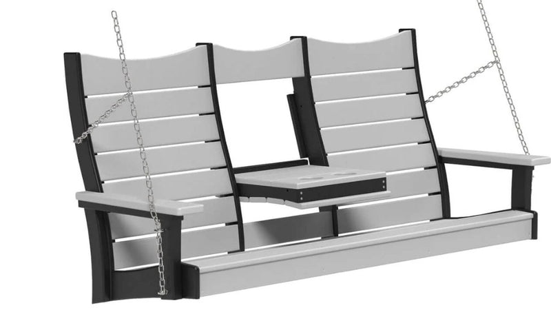 A two-person porch swing bench with a small center table, featuring light gray slatted panels and a black frame with hanging chains, shown on a plain white background.