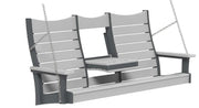 A three-seat hanging porch swing bench with light gray slatted panels and dark gray supports, suspended by metal chains against a plain white background.