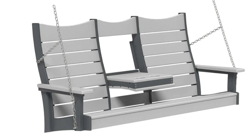 A three-seat hanging porch swing bench with light gray slatted panels and dark gray supports, suspended by metal chains against a plain white background.
