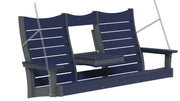 A navy blue and gray three-seat hanging porch swing with a small table attached in the center, suspended by silver chains against a white background.
