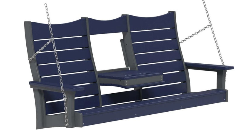 A navy blue and gray three-seat hanging porch swing with a small table attached in the center, suspended by silver chains against a white background.