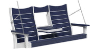 A two-person porch swing bench with navy blue slats and white frame, suspended by silver chains, shown against a plain white background.