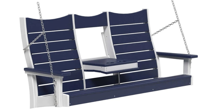 A two-person porch swing bench with navy blue slats and white frame, suspended by silver chains, shown against a plain white background.