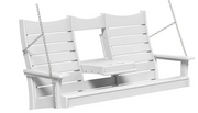 A white three-person porch swing bench with a fold-down center table, suspended by silver metal chains against a plain white background.