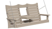 A two-seat hanging porch swing with a slatted backrest, armrests, and a small central table, shown on a plain white background with metal chains for suspension.