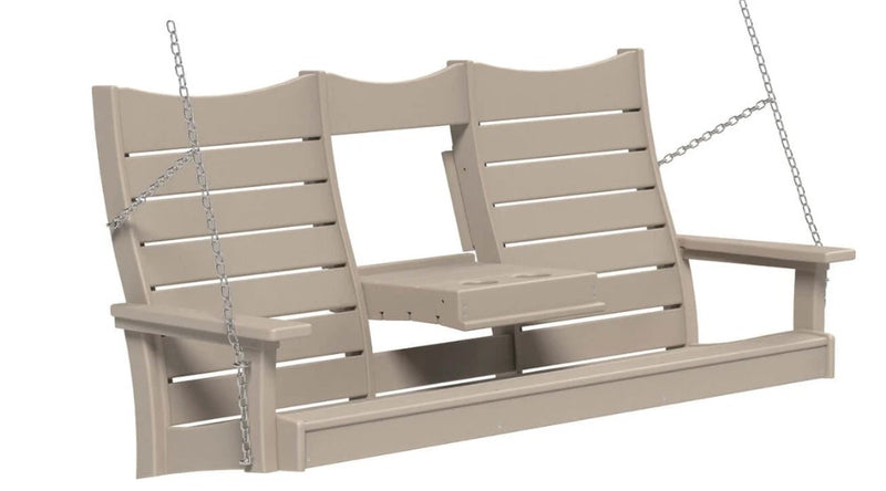 A two-seat hanging porch swing with a slatted backrest, armrests, and a small central table, shown on a plain white background with metal chains for suspension.